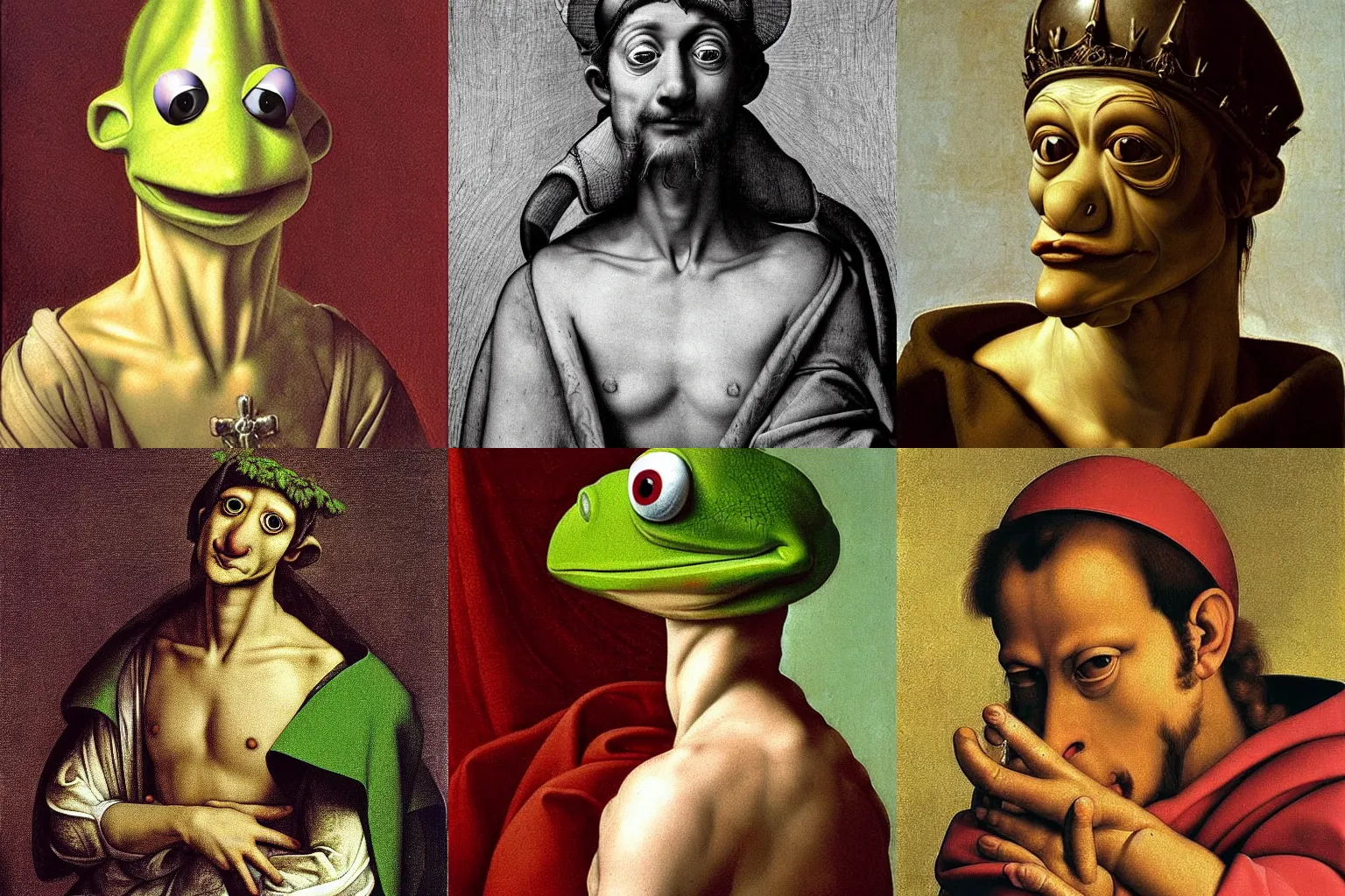 Image similar to A extremely highly detailed majestic hi-res beautiful, highly detailed head and shoulders painting of kermit the frog as a catholic pope by Michelangelo Merisi da Caravaggio,