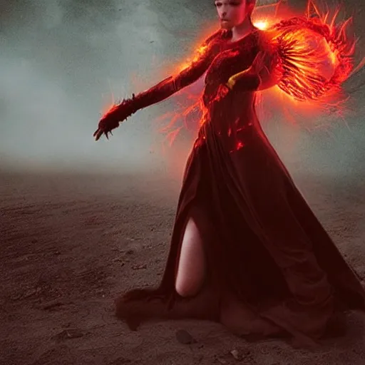 Image similar to a woman, on fire, sci - fi, giant, photoshop, creative and cool, photo manipulation