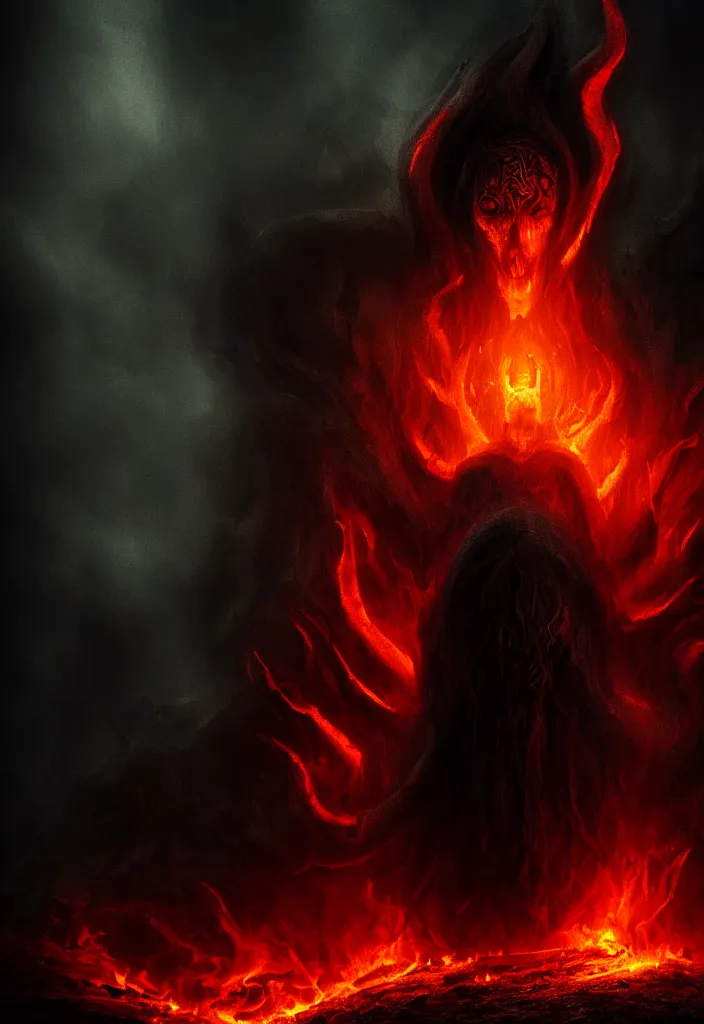 Prompt: the dark deity rise from the fire, dark and mysterious, atmospheric, ominous, eerie, cinematic, cinematic, 4k, ultra detail, ultra realistic