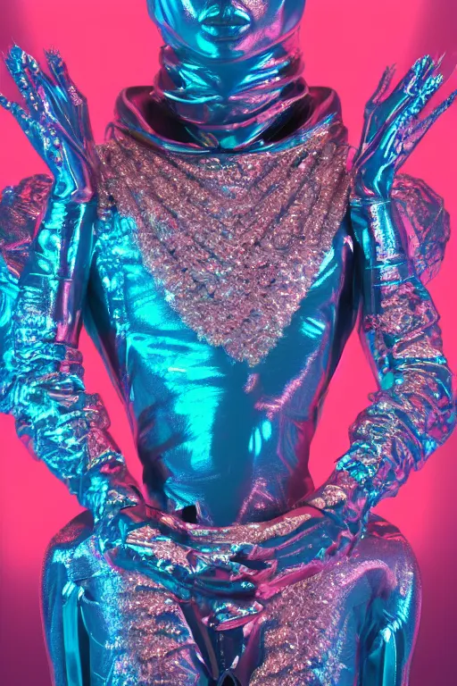 Image similar to hyper detailed ultra sharp portrait of baroque and bladerunner delicate neon diamond sculpture of seductive albino pharaoh kit butler, diamond pink sphinx iridescent humanoid deity wearing metallic hoody made out of hands holding the sun prismatic dungeon, glowing blue face, crown of white diamonds, cinematic lighting, photorealistic, octane render 8 k depth of field 3 d