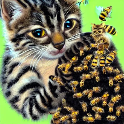 Prompt: photorealistic kitten fighting a swarm of bees. bee hive hyperdetailed photorealism