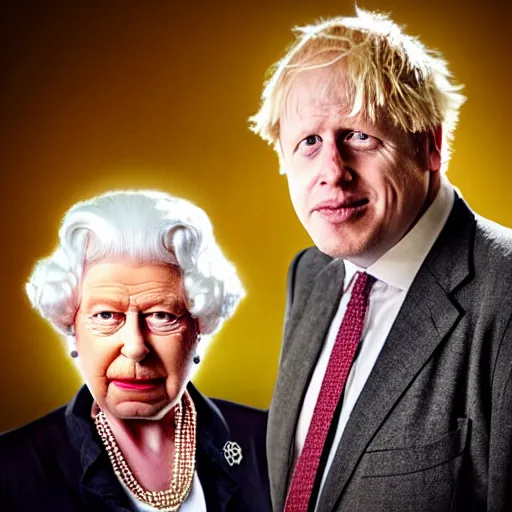 Image similar to Boris Johnson with Queen of Englands body, realistic artstyle, wide shot, dramatic lighting, octane render, hyperrealistic, high quality, highly detailed, HD, beautiful, cinematic, 8k, unreal engine, facial accuracy, symmetrical