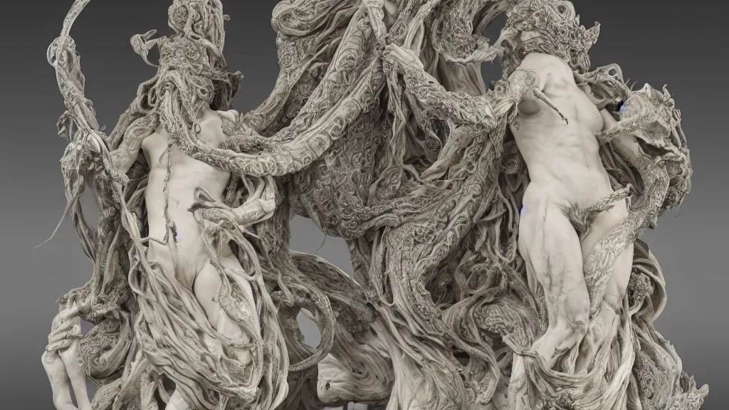 Prompt: cthulhu, an epic sculpture made of marble and ivory, by gustave dore, by emil melmoth, by alphonse mucha, hell, on a marble base standing in a large studio space, monumental, epic, rococo, detailed, intricate, volumetric lighting, realistic, octane render, 2 0 % pearlescent detailing