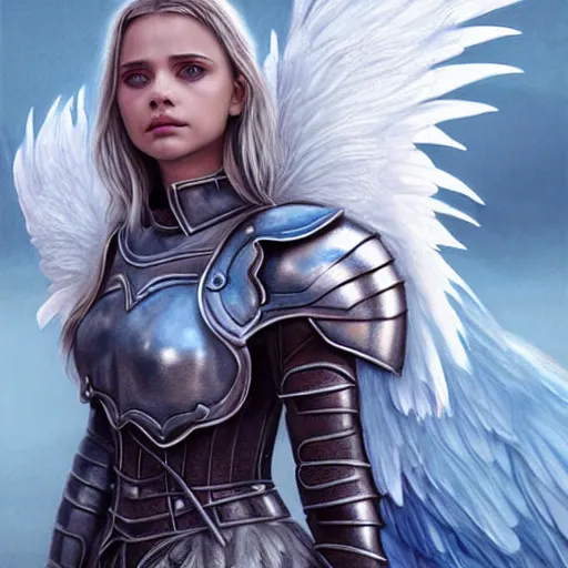 Prompt: portrait of young aasimar angel valkyrie warrior girl maiden wearing comfy leather armor with beautiful feathered angel wings, blue eyes, Chloe Moretz, Natalie Portman, Emily Ratajkowski, innocent, intricate, elegant, highly detailed, ultradetailed, hyperdetailed, artstation, concept art, smooth, sharp focus, illustration, art by artgerm and greg rutkowski and Rossdraws and Bluesssatan and Mandy Jurgens