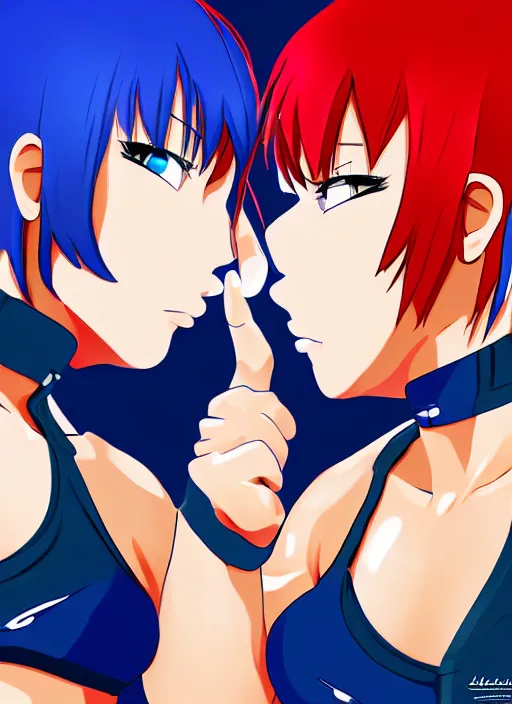 Prompt: two beautiful identical female fighters with short hair facing each other in ring, blue shorts, dim lighting, gorgeous features, high resolution, detailed anime art