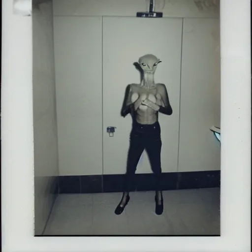 Image similar to polaroid of alien caught doing drugs in bathroom, roswell 1 9 6 2