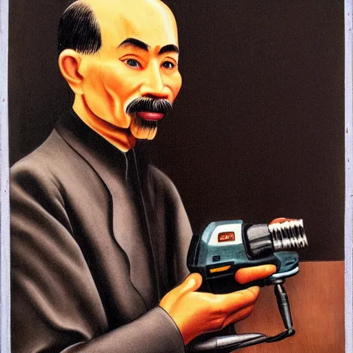 Prompt: Portrait of Ho Chi Minh holding Electric Cordless Drill