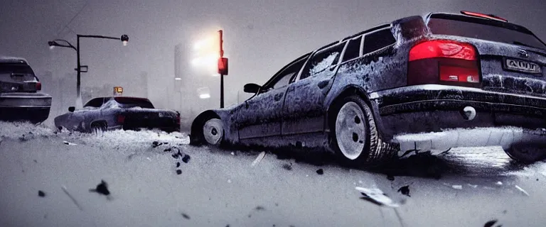 Image similar to Audi A4 B6 Avant (2002), a gritty neo-noir, dramatic lighting, cinematic, eerie person, death, homicide, homicide in the snow, viscera splattered all over the car, gunshots, establishing shot, extremely high detail, photorealistic, arson, burning city, cinematic lighting, artstation, by simon stalenhag, Max Payne (PC) (2001) winter New York at night, In the style of Max Payne 1 graphic novel, flashing lights, Poets of the Fall - Late Goodbye