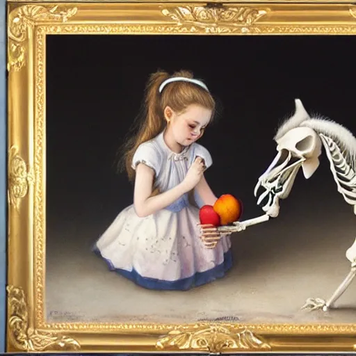 Image similar to a portrait of a little girl feeding an apple to a skeleton horse, the girl looks happy and have bright eyes and a porcelain face, matte painting 3 d watercolour rendering,