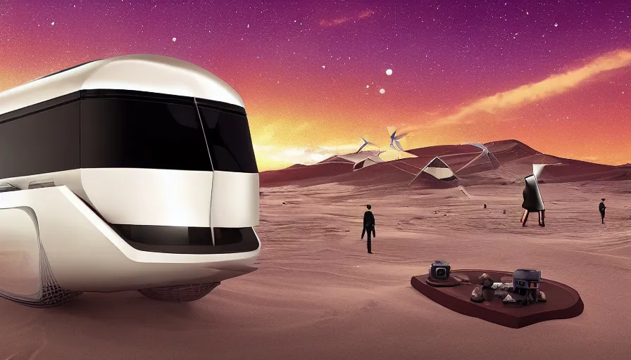 Prompt: professional photograph of a beautiful futuristic Winnebago designed by Buckminster Fuller and Zaha Hadid in a picturesque alien desert. Astronauts are camping nearby, racking focus, extreme panoramic, Dynamic Range, HDR, chromatic aberration, Orton effect intricate, elegant, highly detailed, digital painting, artstation, concept art, smooth, sharp focus, illustration, art by artgerm and greg rutkowski and alphonse mucha