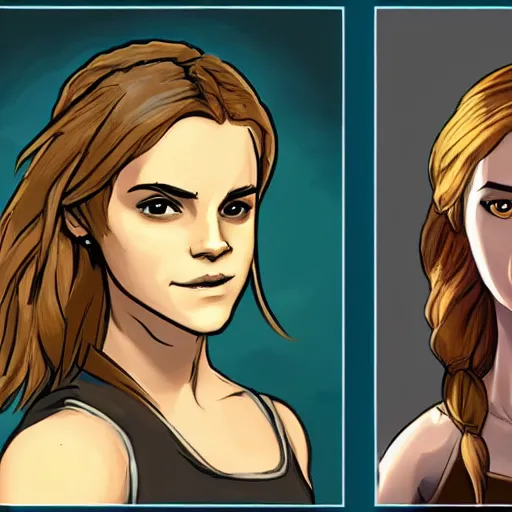 Image similar to emma watson teams up with lara croft, cartoon, rpg character, humblewood art style, concept art, fantasy