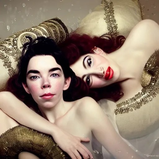 Image similar to stunning photo of dark - haired goddesses vanessa kirby and bjork smiling, laying back on a pillow, with melted white pearls all over their faces, a beautiful closeup, wet lips, perfect eyes, insanely detailed, elegant, by mucha, wlop, rutkowski, livia prima