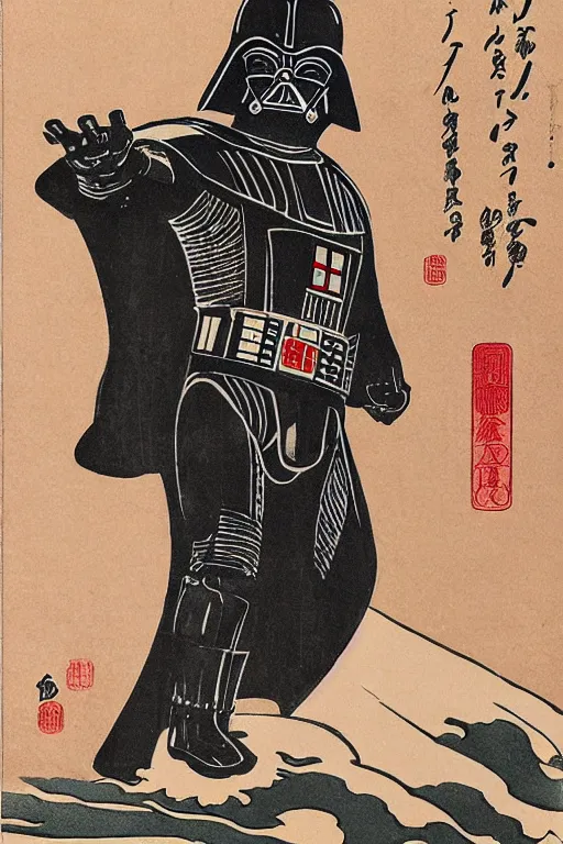 Image similar to Japanese woodblock print of Darth Vader, Hokusai