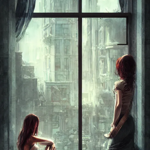 Image similar to window, woman, buildings, surprise, scared, couch by wlop, artgerm, greg rutkowski, evocative, highly detailed