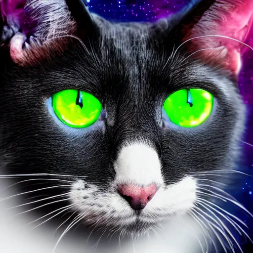 Image similar to Portrait of a black and white cat mob boss in space with colorful bright green eyes, medium shot, hd, 8k, hyper-realism, detailed, octane 8k,