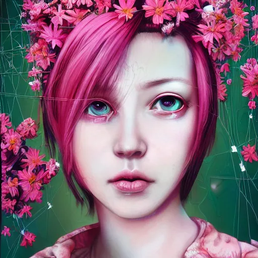 Image similar to a portrait of a woman with pink hair surrounded by flowers, cyberpunk art by otomo katsuhiro and mark ryden, cgsociety, computer art, circuitry, dystopian art, academic art insanely quality, highly detailed, masterpiece, red light, artstation, 4 k