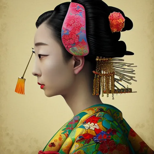 Image similar to Very very very very highly detailed epic central composition studio photography of A Japanese geisha in a colorful bikini, intricate, medieval, extremely detailed, digital painting, artstation, concept art, smooth, sharp focus, illustration, studio lighting, incredible art by Anna Dittmann and Anton Pieck