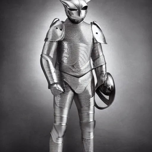 Image similar to a cat that is wearing a silver suit of armor, high quality photograph, studio lighting