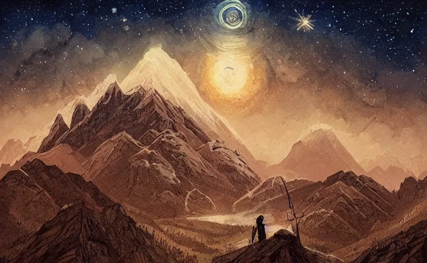 Prompt: mountains, stars and paisley filled sky, artstation, intricate, highly detailed, digital painting, concept art, sharp focus, illustration by Enki Bilal and Megan Duncanson