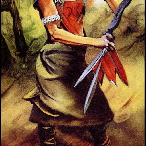 Prompt: determined elf woman with short blonde hair wearing a kitchen maid's uniform while holding a chef's knife and standing in the rain, fantasy, highly detailed, character portrait by Frank Frazetta