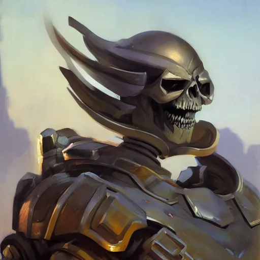 Image similar to greg manchess portrait painting of armored skeletor overwatch character, medium shot, asymmetrical, profile picture, organic painting, sunny day, matte painting, bold shapes, hard edges, street art, trending on artstation, by huang guangjian, gil elvgren, ruan jia, greg rutkowski, gaston bussiere