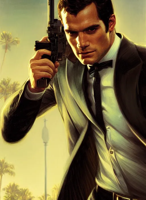 Image similar to portrait of henry cavill as james bond, casino, key art, sprinting, palm trees, highly detailed, digital painting, artstation, concept art, cinematic lighting, sharp focus, illustration, by gaston bussiere alphonse mucha