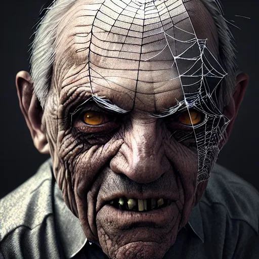 Image similar to an old man with thick thick thick cobwebs cobwebs cobwebs covering his entire face, cobwebs, spooky, atmosphere, detailed, realistic, unreal engine, cgsociety, by wlop and artgerm