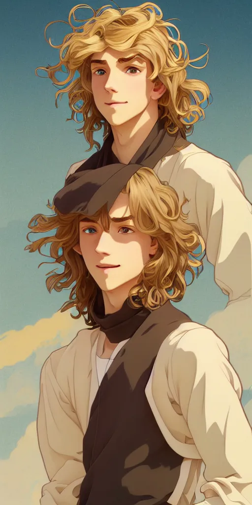 Image similar to young man with medium - length, curly, golden hair, perfectly proportioned face, aquamarine eyes, sweet smile, natural lighting, path traced, highly detailed, high quality, cartoon, digital painting, by new haicheng and studio ghibli and alphonse mucha