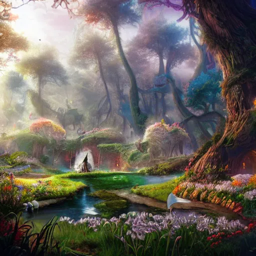 Image similar to photorealistic fantasy concept art of the world of Alice and wonderland landscape, dynamic lighting, magical, mysterious, hyperrealism, 8k resolution, HD quality