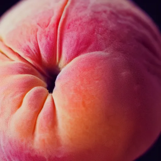 Image similar to a macro photo of a round peach's dry hairy skin, hyper realistic, hyper detailed, 35mm, very grainy film, pink volumetric studio lighting, bokeh, black background award winning shot, vogue magazine, cinematic, 8k, very closeup, elegant, tender, pastel