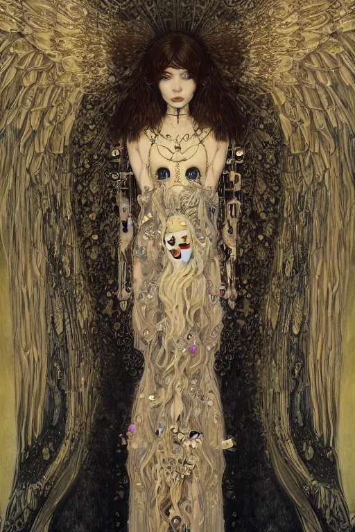 Image similar to portrait of beautiful young gothic angelic maiden, cyberpunk, highly detailed, artstation, illustration, art by Gustav Klimt