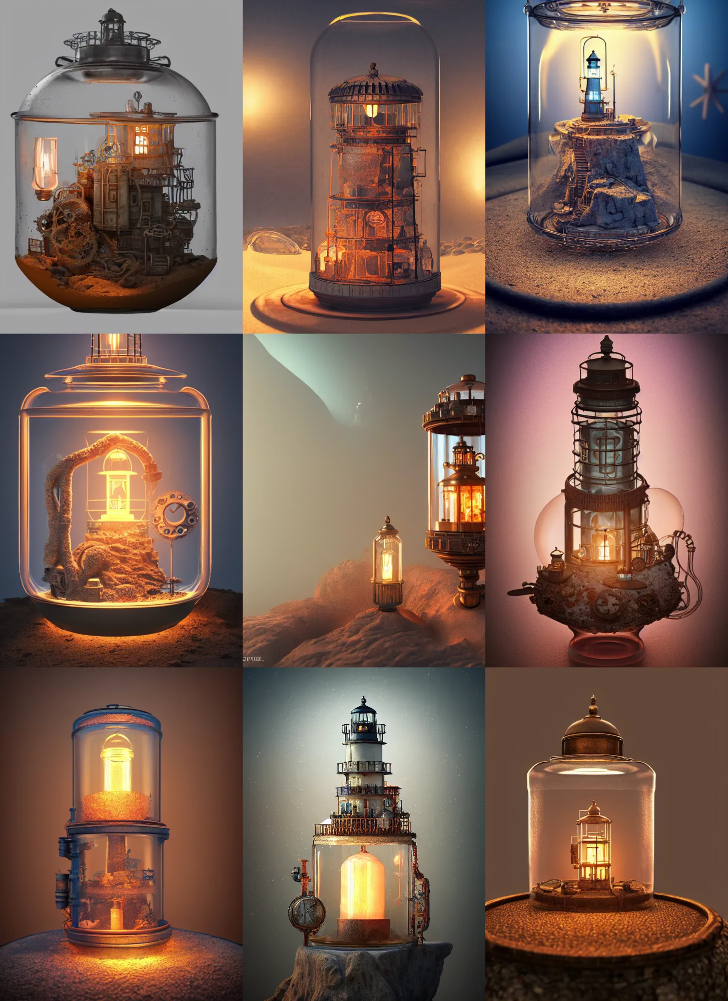 Prompt: steampunk lighthouse inside a glass jar buried in sand, owl, pink bonsai tree, himalayan rocksalt lamp, intricate detail, hyper detailed, ultra realistic, sharp focus, octane render, lantern candle, spiral, volumetric, ray tracing, artstation trending, blue moon, cgsociety, sense of awe, swirling mist, 4 k