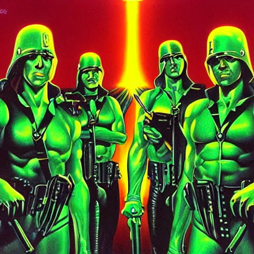 Prompt: power games. artwork for 1 9 8 0 s heavy metal album by greg hildebrandt. bright green soldiers. red lazer guns