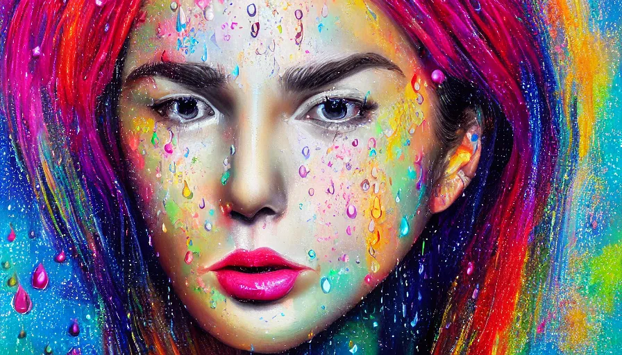 Prompt: sweet dreams, front female face, painting on canvas, watedrops, water droplets, acrylic painting, acrylic pouring, painting, influencer, artstation - h 8 0 0