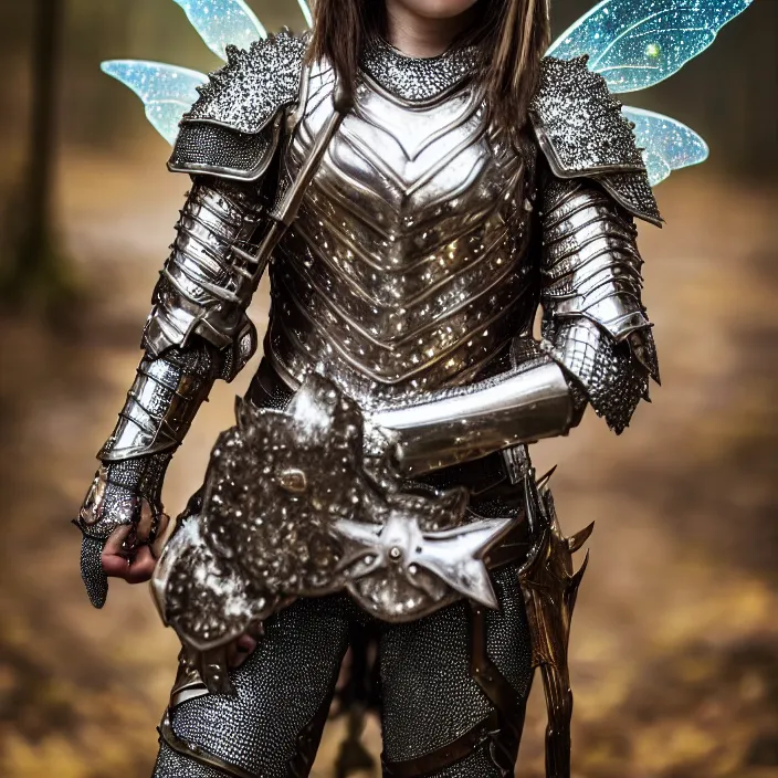 Image similar to full body photo of a fairy warrior wearing sparkly armour, highly detailed, 4 k, hdr, smooth, sharp focus, high resolution, award - winning photo