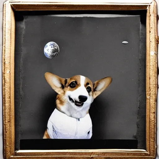 Image similar to daguerrotype of a corgi astronaut on the moon, award - winning photograph, vintage, stunning