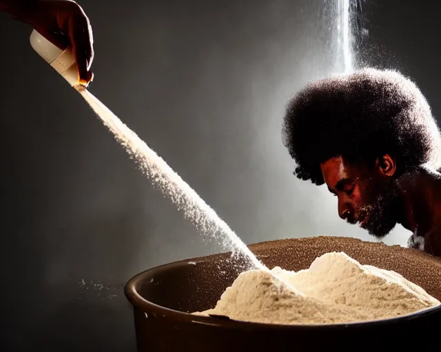 Image similar to A man with an afro mixes flour and oil then pours it down the drain, dynamic lighting, photograph