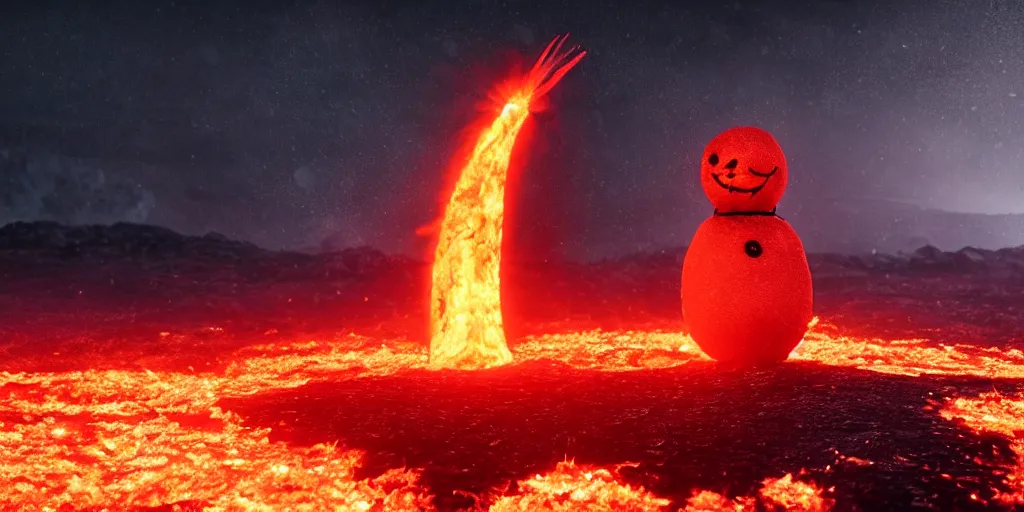 Image similar to a melted glowing snowman melting on top of the sun. the ground is made of fire and lava and is glowing orange. cinematic, dramatic, epic, volumetric lighting, atmospheric, red, orange extremely coherent, masterpiece, highly detailed, trending on artstation, 8 k, space, warm, solar flare, blade runner 2 0 4 9