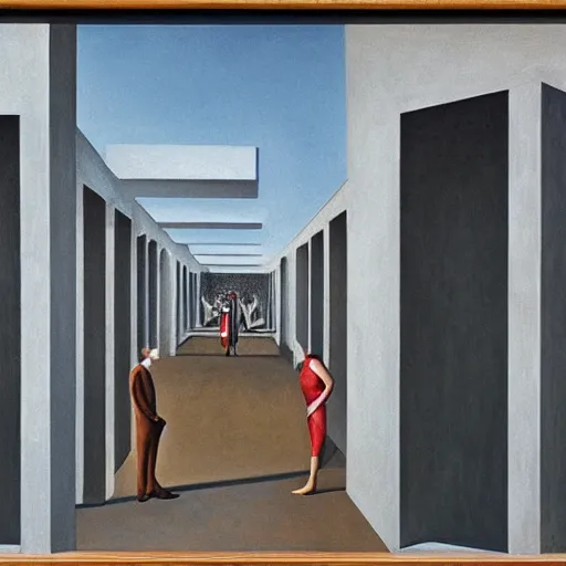 Image similar to first - person view of a stark concrete maze with people looking into portholes, ( ( ( grant wood ) ) ), pj crook, ( ( ( ( ( ( edward hopper ) ) ) ) ) ), oil on canvas