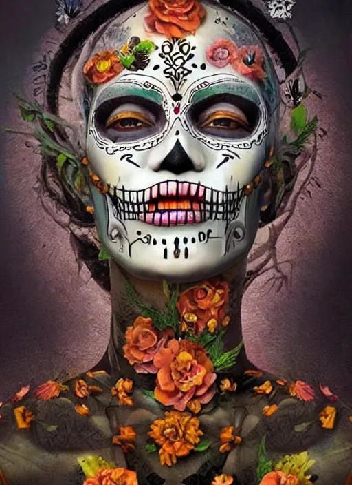 Prompt: dia de los muertos theme surrealist art in the styles of igor morski, jim warren, and loyiso mkize, intricate, hyperrealistic, accurate facial details, profile picture with chromakey!!!!! background, volumetric lighting