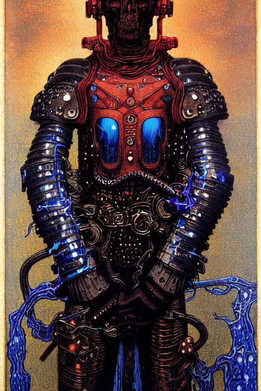 Prompt: portrait of gothic and futuristic young man, warhammer, cyberpunk armor, a lot of scars, thunderstorm, blue head, fire eyes, some red, the middle ages, highly detailed, artstation, in the style of moebius, jugendstil and classic japanese print, art by jean delville and gustav klimt