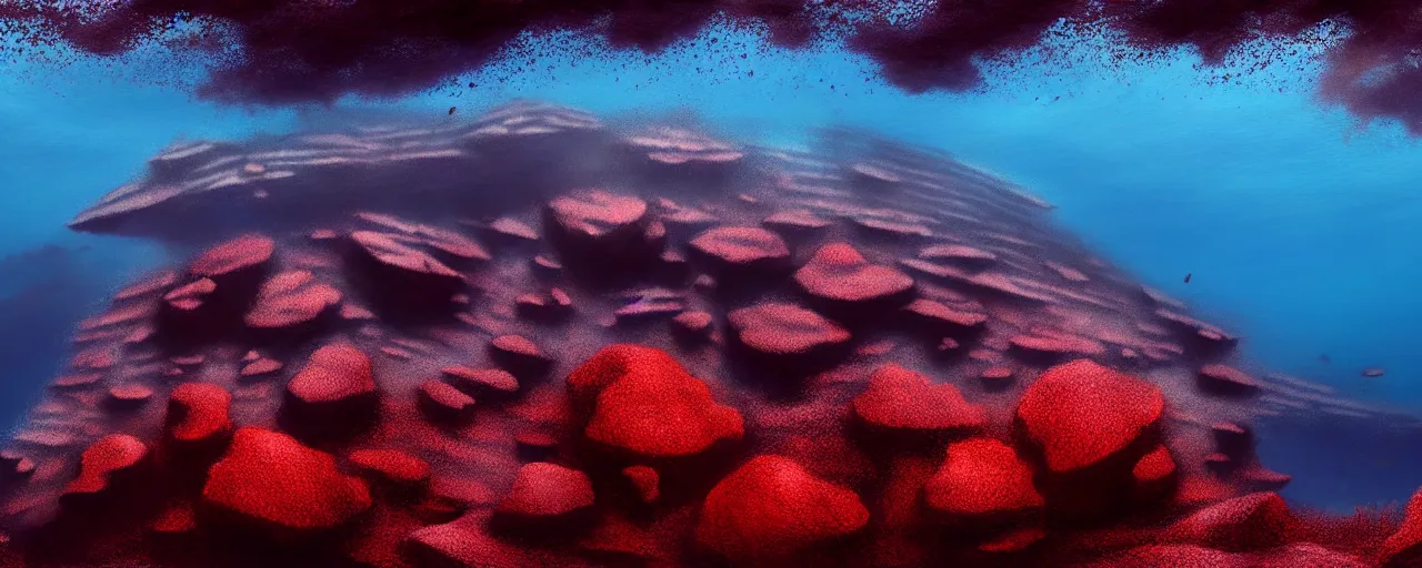 Prompt: A gorgeous detailed oil of a dark red sea covered in big blue steep rocks, a school of piranhas underwater, the further away the mistier it gets, surreal, concept art, dark aesthetic, atmospheric, moody, hyperrealism, highly detailed, masterpiece, award winning, 4k, unreal engine