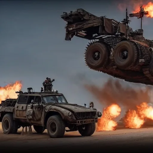 Prompt: promotional image of <Mad Max Desert War Truck> as <Junk Machine> in the new movie directed by <Tetsuya Nomura>, <heavily armored and equipped with guns>, <perfect appearance>, movie still frame, promotional image, imax 70 mm footage