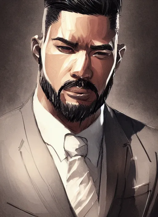 Prompt: a highly detailed illustration of serious short black haired filipino man with goatee wearing suit, dramatic reading book pose, muscular, intricate, elegant, highly detailed, centered, digital painting, artstation, concept art, smooth, sharp focus, league of legends concept art, WLOP