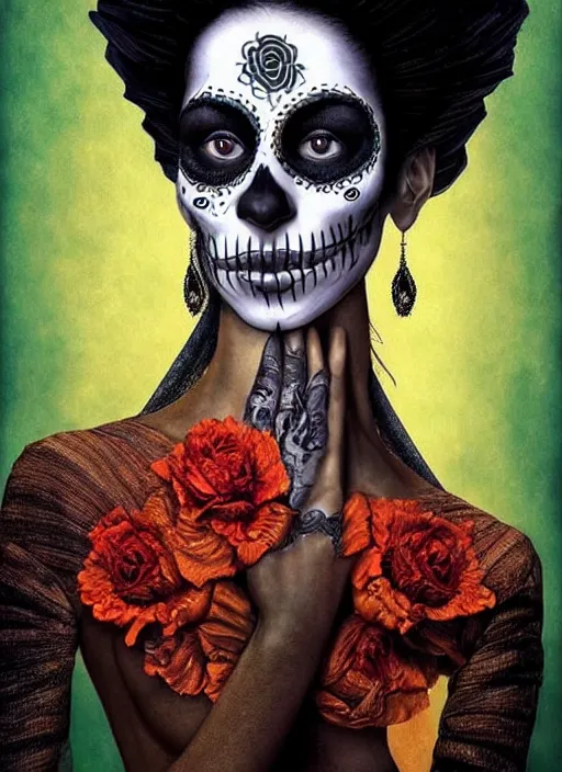 Image similar to dia de los muertos theme surrealist art in the styles of igor morski, jim warren, and aida muluneh, intricate, hyperrealistic, accurate facial details, profile picture with chromakey!!!!! background, volumetric lighting