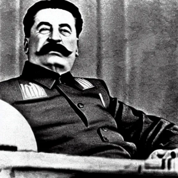 Image similar to stalin sits in front of a laptop, watching it and showing thumbs up on his left hand