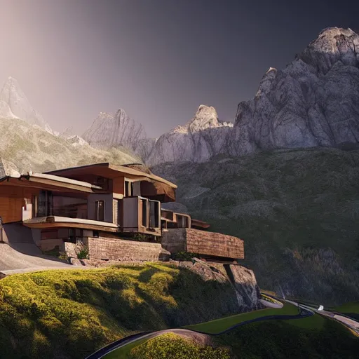 Image similar to alpine landscape with windy road and modern houses designed by frank lloyd wright scattered on the mountainsides, photo realism, dramatic lighting, high quality digital art, unreal engine, cinematic