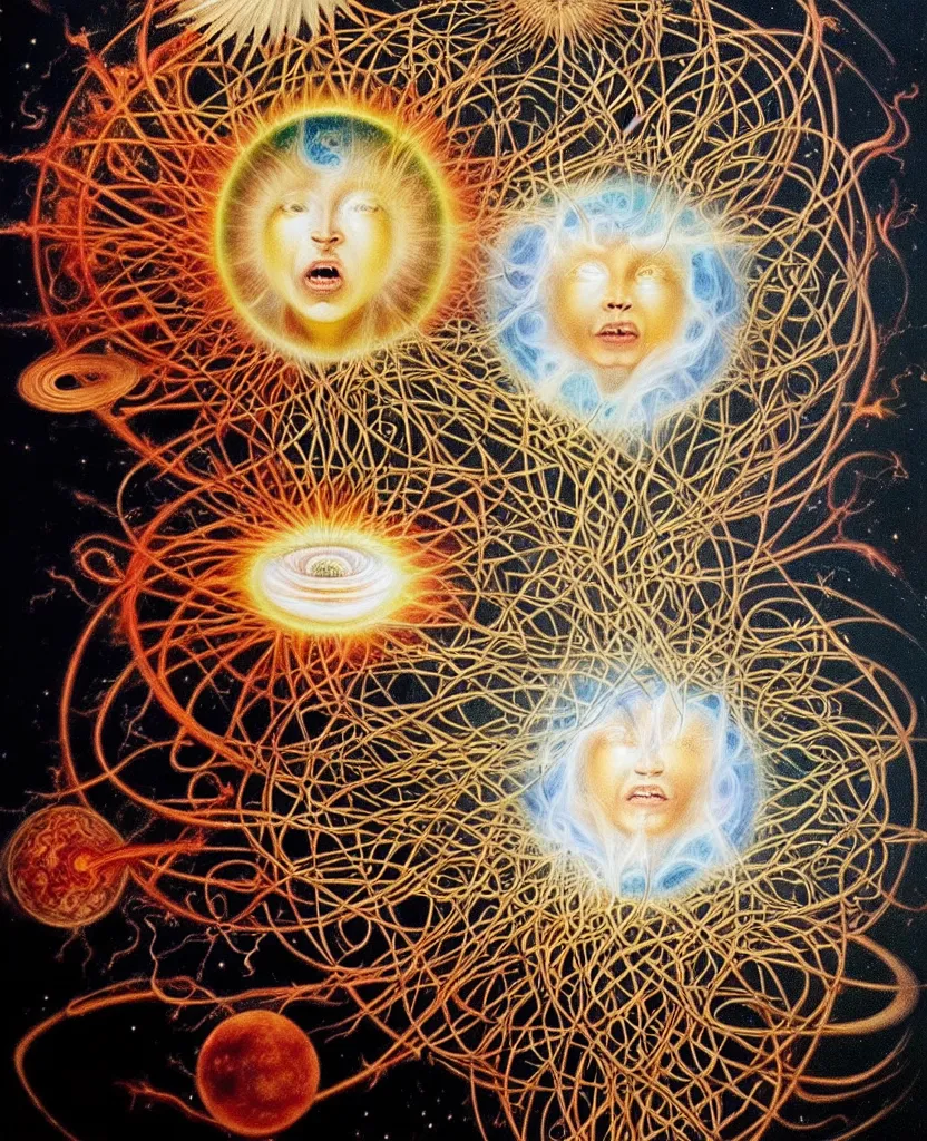 Prompt: a wild child creature radiates a unique canto'as above so below'while being ignited by the spirit of haeckel and robert fludd, breakthrough is iminent, glory be to the magic within, in honor of jupiter's day, painted by ronny khalil