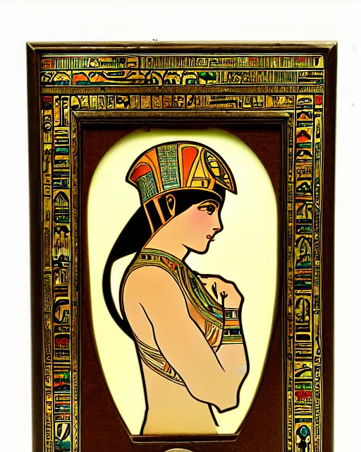 Image similar to an empty alphonse mucha style egyptian image frame, with hieroglyphs