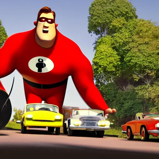 Image similar to film still of mr incredible directing traffic in the the incredibles movie, high detail shot, smoking, render, cgsociety, photorealism